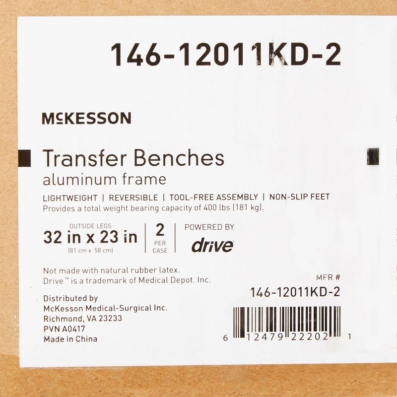 McKesson Knocked Down Bath Transfer Bench Removable Arm Rail 17-1/2 to 22-1/2 Inch Seat Height 400 lbs. Weight Capacity 146-RTL12031KDR
