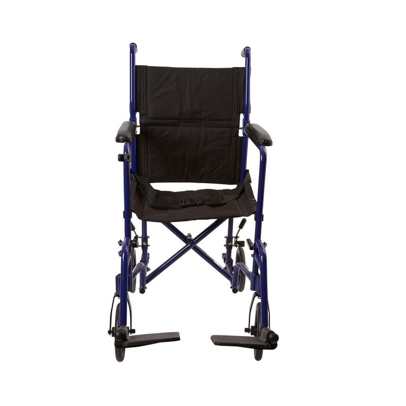 McKesson Lightweight Transport Chair Aluminum Frame with Blue Finish 300 lbs. Weight Capacity Fixed Height / Padded Arm Black Upholstery 146-ATC19-BL