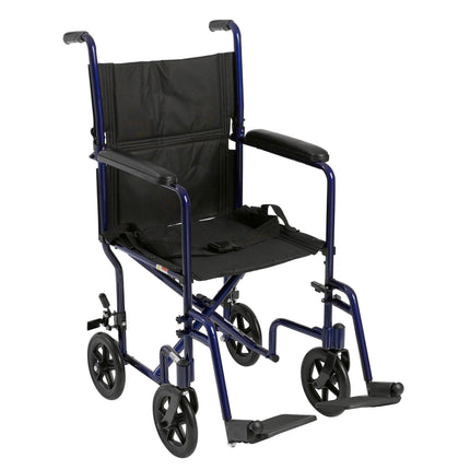 McKesson Lightweight Transport Chair Aluminum Frame with Blue Finish 300 lbs. Weight Capacity Fixed Height / Padded Arm Black Upholstery