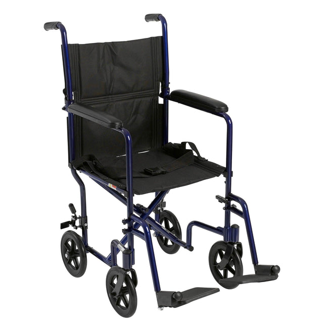 McKesson | McKesson Lightweight Transport Chair Aluminum Frame with Blue Finish 300 lbs. Weight Capacity Fixed Height / Padded Arm Black Upholstery | 146-ATC19-BL