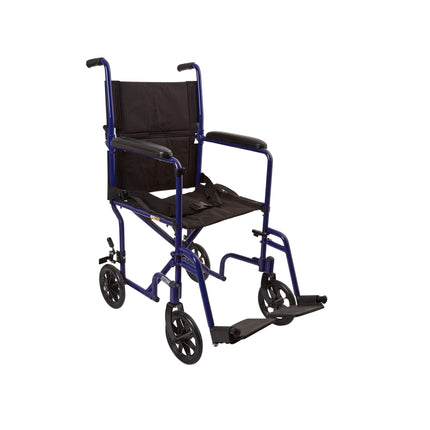 McKesson Lightweight Transport Chair Aluminum Frame with Blue Finish 300 lbs. Weight Capacity Fixed Height / Padded Arm Black Upholstery