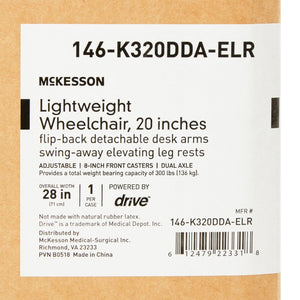McKesson Lightweight Wheelchair Dual Axle Desk Length Arm Swing-Away Black Upholstery 20 Inch Seat Width Adult 300 lbs. Weight Capacity 146-K316DDA-ELR-1