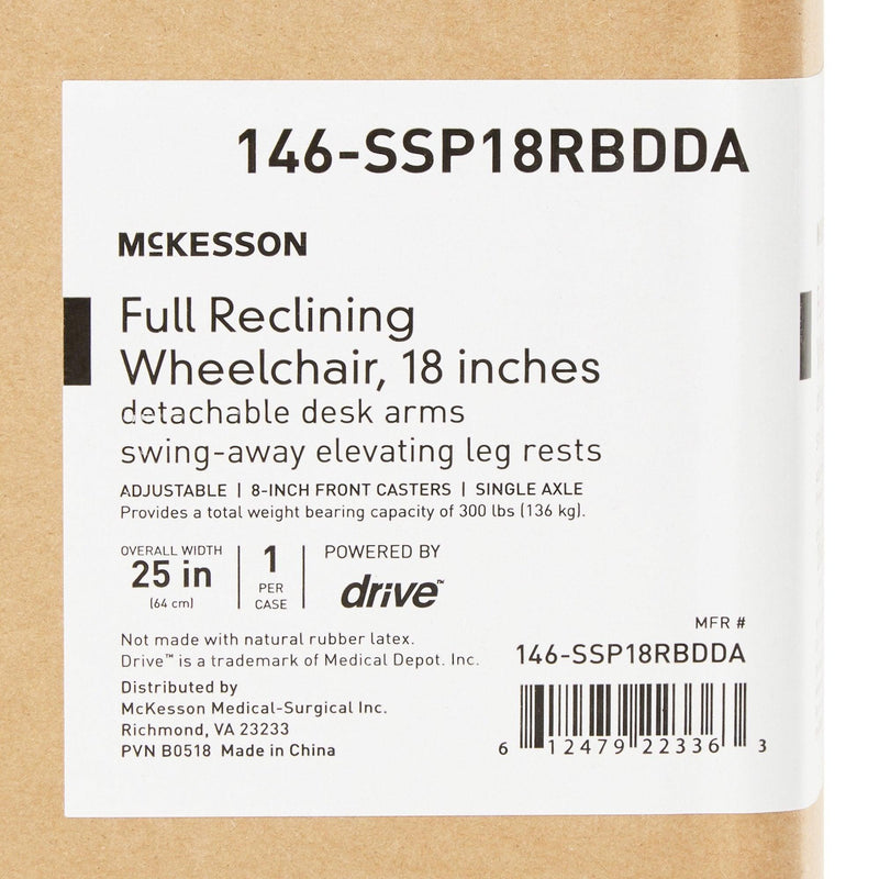 McKesson Reclining Wheelchair Desk Length Arm Swing-Away Elevating Legrest Black Upholstery 18 Inch Seat Width Adult 300 lbs. Weight Capacity 146-SSP18RBDDA