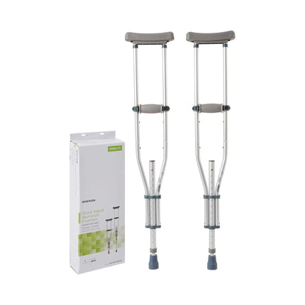 McKesson Underarm Crutches Aluminum Frame Youth / Adult / Tall Adult 300 lbs. Weight Capacity Push Button Adjustment