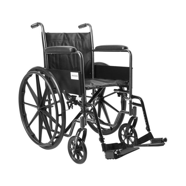 McKesson | McKesson Wheelchair Dual Axle Full Length Arm Swing-Away Black Upholstery 18 Inch Seat Width Adult 300 lbs. Weight Capacity | 146-SSP218FA-ELR