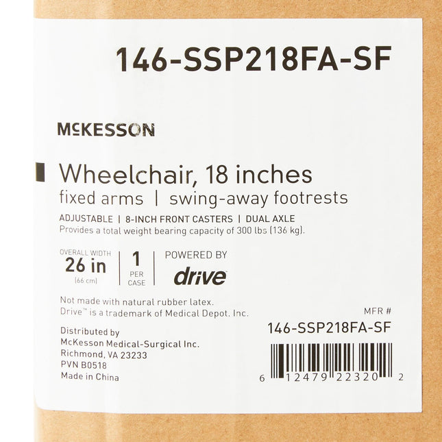 McKesson | McKesson Wheelchair Dual Axle Full Length Arm Swing-Away Black Upholstery 18 Inch Seat Width Adult 300 lbs. Weight Capacity | 146-SSP218FA-ELR