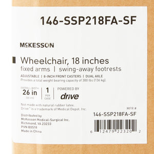 McKesson Wheelchair Dual Axle Full Length Arm Swing-Away Black Upholstery 18 Inch Seat Width Adult 300 lbs. Weight Capacity 146-SSP218FA-ELR