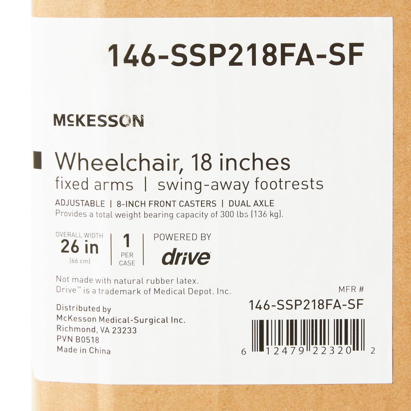 McKesson Wheelchair Dual Axle Full Length Arm Swing-Away Black Upholstery 18 Inch Seat Width Adult 300 lbs. Weight Capacity 146-SSP218FA-ELR