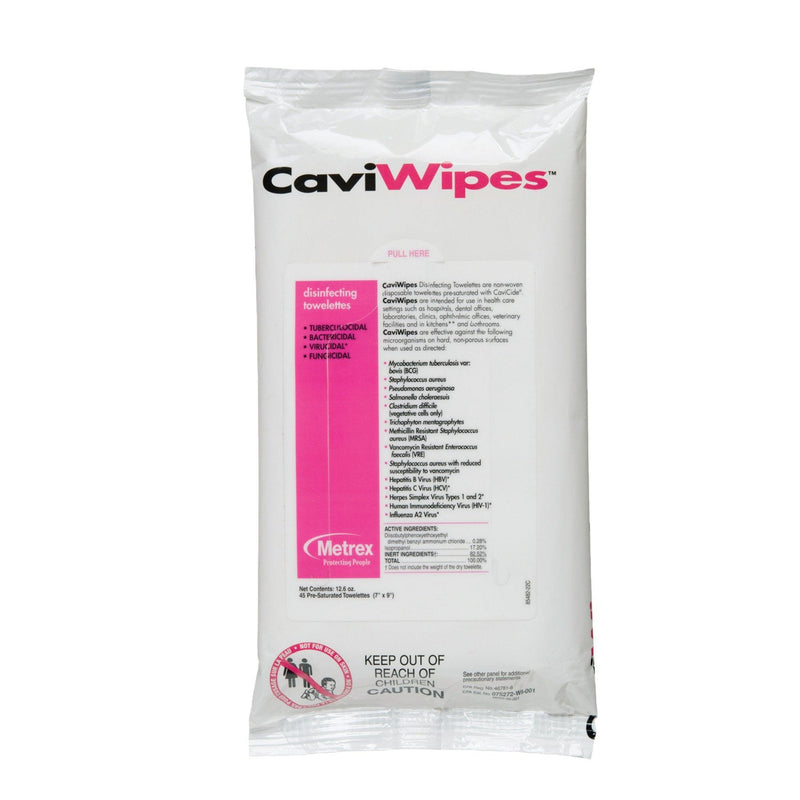 Metrex CaviWipe Surface Disinfectant Premoistened Alcohol Based Manual Pull Wipes 45 Count Soft Pack 13-1224-1
