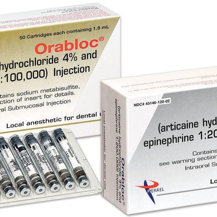 Orabloc Articaine HCl 4% with Epinephrine 1:200,000 Injection Cartridges, 1.8 mL 50/Pk | 2101052 | | Anesthesia Products Rx lic, Anesthetic products, Local anesthetic | Pierrel Pharma | SurgiMac