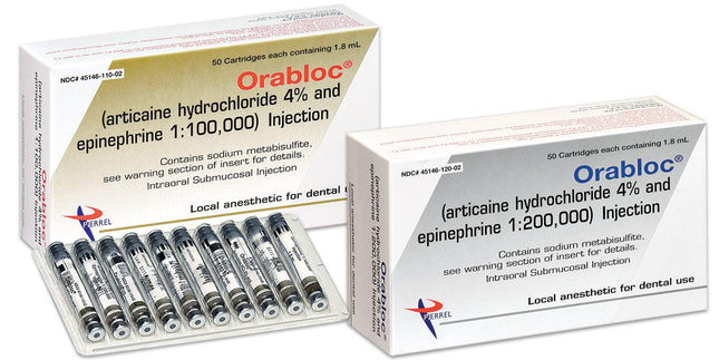 Pierrel Pharma | Orabloc Articaine HCl 4% with Epinephrine 1:200,000 Injection Cartridges, 1.8 mL 50/Pk | 2101052