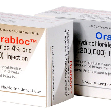 Orabloc Articaine HCl 4% with Epinephrine 1:200,000 Injection Cartridges, 1.8 mL 50/Pk | 2101052 | | Anesthesia Products Rx lic, Anesthetic products, Local anesthetic | Pierrel Pharma | SurgiMac
