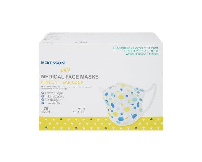 McKesson | Procedure Mask McKesson Pleated Earloops Child Size Kid Design (Blue and Yellow Polka Dot) NonSterile ASTM Level 1 Pediatric | 16-1000