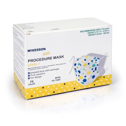 Procedure Mask McKesson Pleated Earloops Child Size Kid Design (Blue and Yellow Polka Dot) NonSterile ASTM Level 1 Pediatric | McKesson | SurgiMac