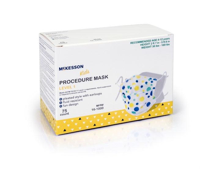 Procedure Mask McKesson Pleated Earloops Child Size Kid Design (Blue and Yellow Polka Dot) NonSterile ASTM Level 1 Pediatric 16-1000-1