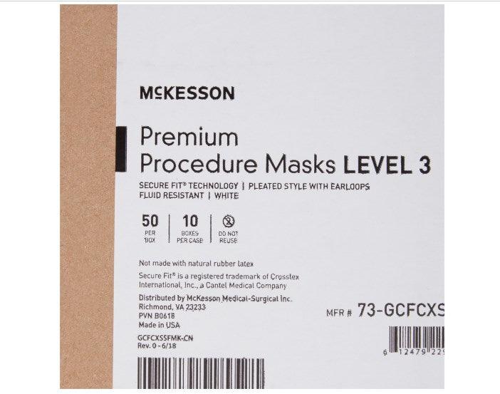 Procedure Mask with Eye Shield McKesson Anti-fog Strip Pleated Earloops One Size Fits Most White NonSterile ASTM Level 3 Adult Box 25