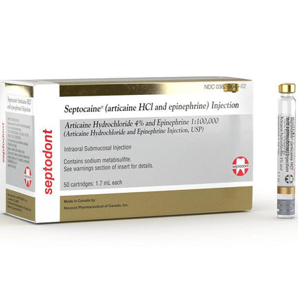 Septocaine Articaine 4% with Epinephrine 1:100,000. Box of 50 - 1.7 mL | 01A1400 | | Anesthesia Products Rx lic, Anesthetic products, Local anesthetic | Septodont | SurgiMac