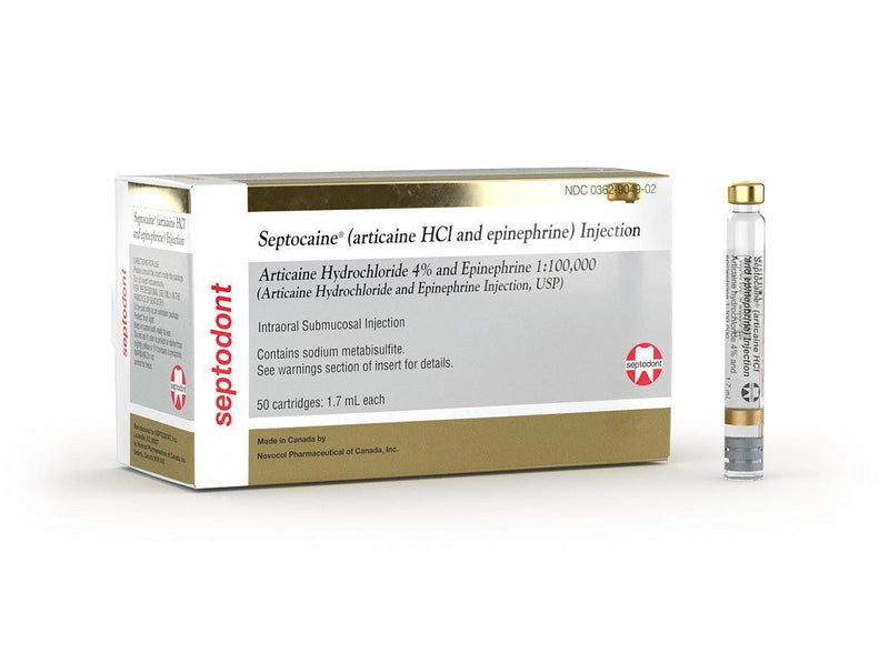 Septocaine 4% Articaine With Epinephrine 1:100,000 - Box of 50 Cartridges (1.7 mL Each) 01A1400-1