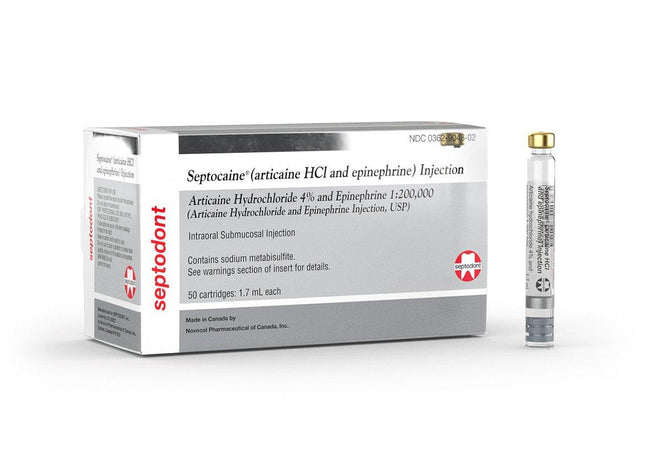 Septodont | Septodont Septocaine Articaine HCl 4% with Epinephrine 1:200,000 Cartridges - 1.7 mL | 01A1200-1