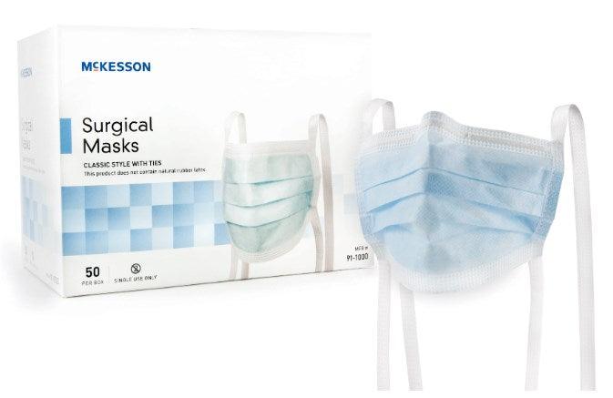 Surgical Mask Pleated Tie Closure One Size Fits Most Blue NonSterile ASTM Level 1 Adult 91-1000