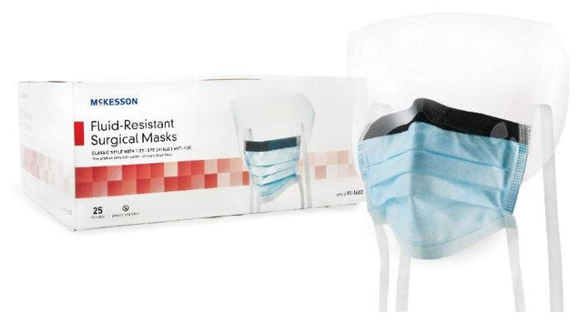 Surgical Mask with Eye Shield Anti-fog Pleated Tie Closure One Size Fits Most NonSterile ASTM Level 3 Adult