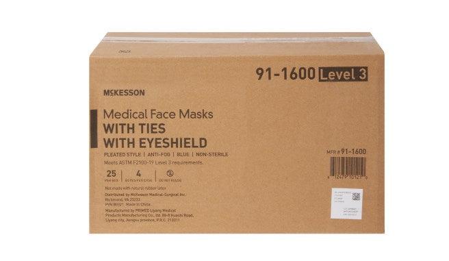 Surgical Mask with Eye Shield Anti-fog Pleated Tie Closure One Size Fits Most NonSterile ASTM Level 3 Adult 91-1600-CS