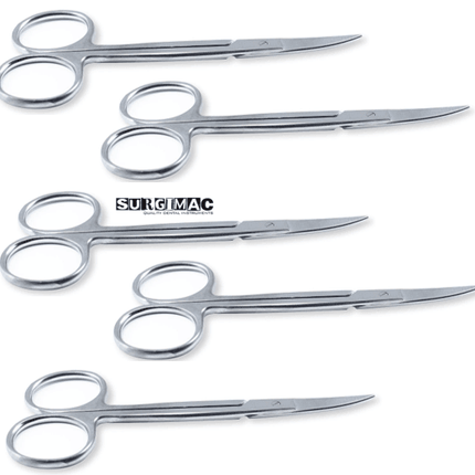 SurgiMac Iris Micro Dissecting Dental Lab Sharp Scissors, 4.5" (11.43cm) Fine Point Curved, Stainless Steel (Set of 5) | SurgiMac | SurgiMac