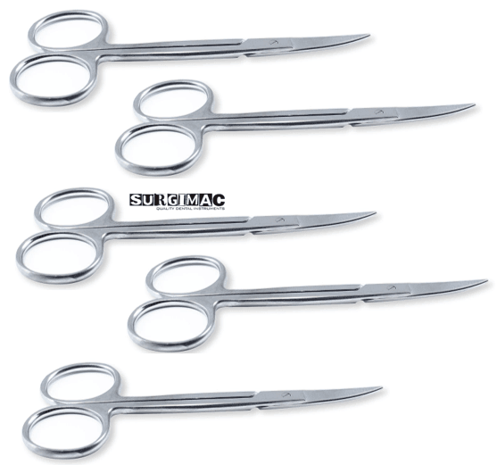 SurgiMac | Iris Micro Dissecting Dental Lab Sharp Scissors, 4.5" (11.43cm) Fine Point Curved, Stainless Steel (Set of 5) by SurgiMac | 16-2609-5