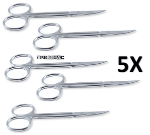 Iris Micro Dissecting Dental Lab Sharp Scissors, 4.5" (11.43cm) Fine Point Curved, Stainless Steel (Set of 5) by SurgiMac 16-2609-5